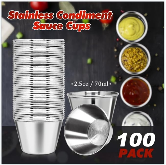 DJZZ 100 Pcs Metal Sauce Cups 2.5oz Ramekins, Stainless Steel Dipping Sauce Cups Metal Condiment Container Reusable Round Butter Dressing Restaurant Small Bowls (100)