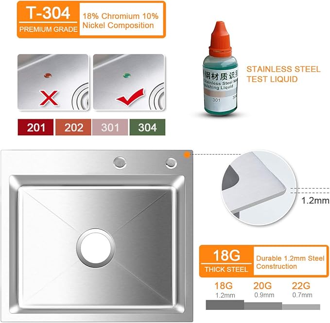 ROVATE 21.6-inch Drop-in Topmount Kitchen Sink, 304 Stainless Steel Kitchen Sink Single Bowl, Handmade Bar Sinks Overmount