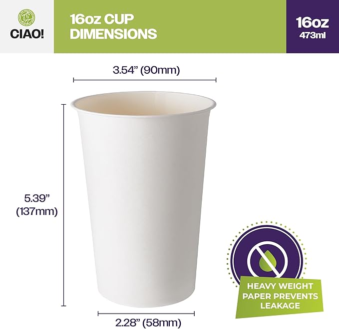 CIAO! 16oz White Paper Hot Cup, Disposable, 90mm Diameter 1,000 Count