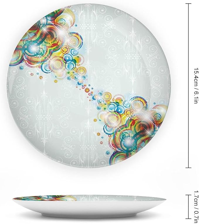 Ceramic Display Plate, Abstract Ceramic Hanging Decorative Plate, Modern Design Rainbow Waves Circles Patterned, 8 Inch, Household Custom Ceramic Plate, Multicolor