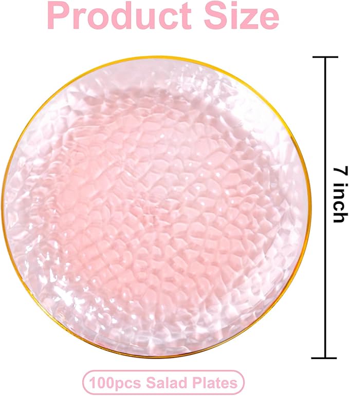 Rubtlamp 100 Pcs Pink Gold Dessert Plates hammered party plates, Pink Disposable Plates With Gold Rim, 7 Inch Dessert Platos Disposable, Plastic Appetizer Plates Perfect for Mother's Day