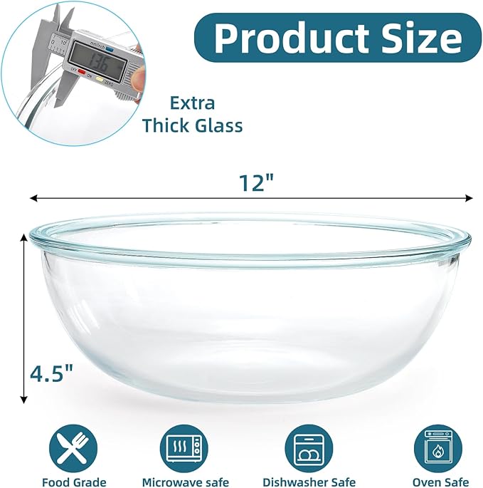 6.5 Qt Glass Mixing Bowl, 12 Inch Clear Extra Large Salad Bowls, Tempered Big Cooking Bowl for Sourdough, Kitchen Baking, Meal Prepping, Serving, Dishwasher Microwave & Freezer Safe