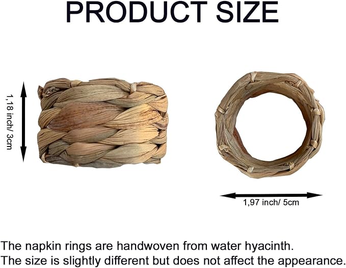 Set 24 Woven Water Hyacinth Napkin Rings | Rustic Boho Wicker Napkin Holders | Natural Farmhouse Rattan Napkin Ring for Christmas, Thanksgiving Dining Table, Wedding Party