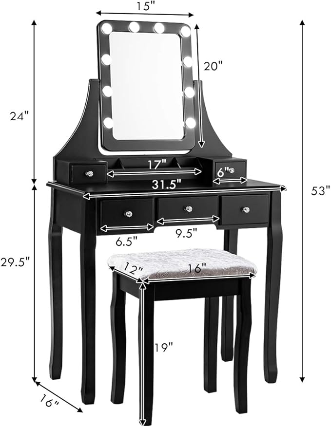 DORTALA Vanity Table Set w/ 360-Degree Rectangular Mirror & Cushioned Stool, Makeup Table w/ 10 LED Dimmable Bulbs, Bedroom Wood Dressing Table w/ 5 Drawers & Removable Box Organizer, Black