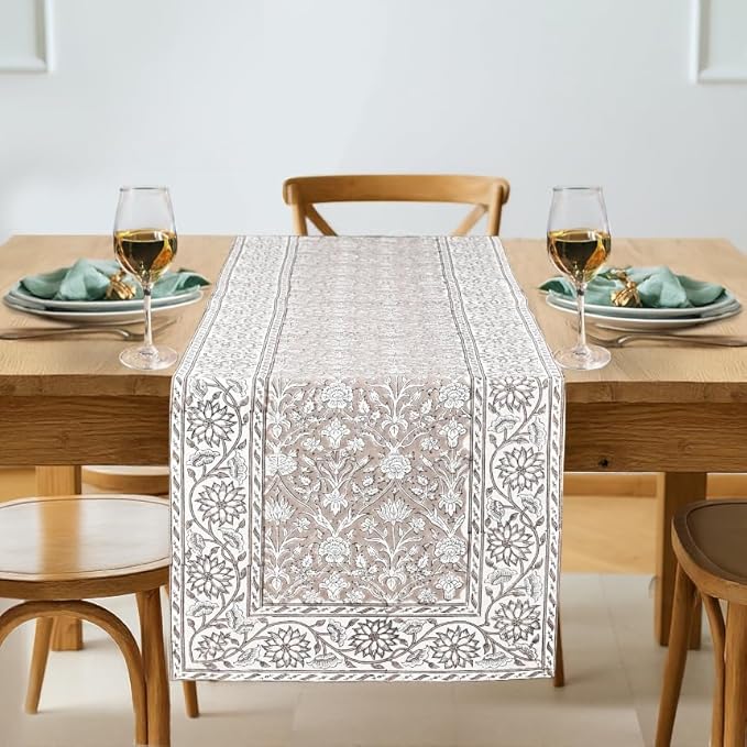 Taupe Hand Block Print 100% Cotton Reusable Table Runner 16" X 106" Inches by Ridhi