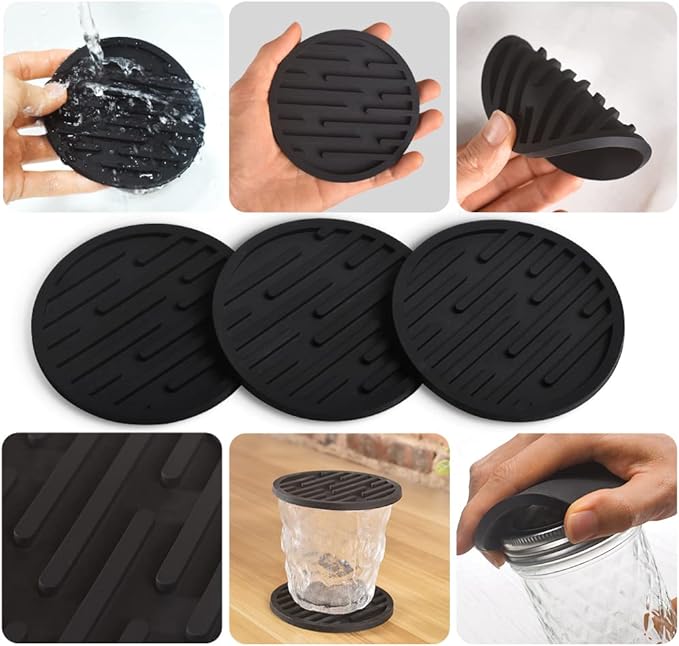 Silicone Coasters for Drinks, Coasters with Grooved Design, Durable Coasters for Table Top Protection, Anti Slip, Non- Stick, Pack of 9 with Metal Holder