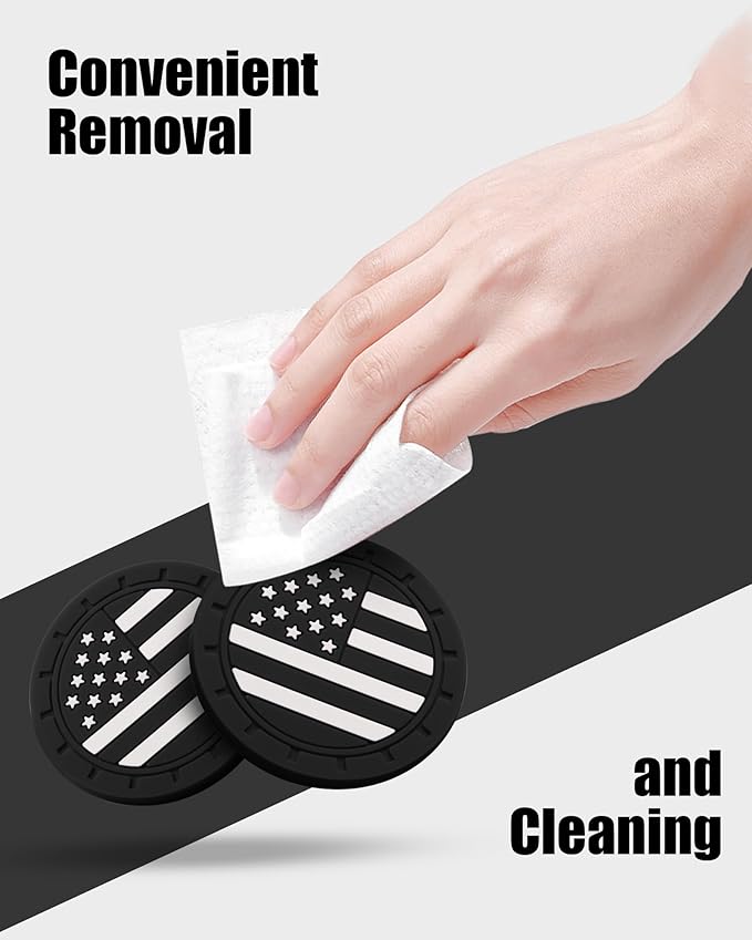 4 Pack Car Cup Coasters, Universal American Flag Non-Slip Silicone Cup Holder Inserts, Car Interior Accessories, Black