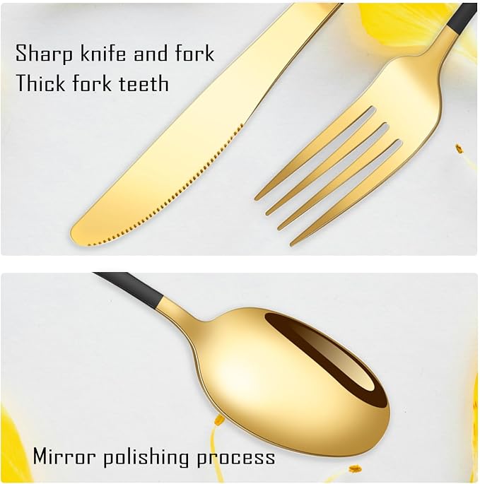 Black Gold Silverware Set for 8, Stainless Steel 40 Piece Modern Cutlery Set - Image 3