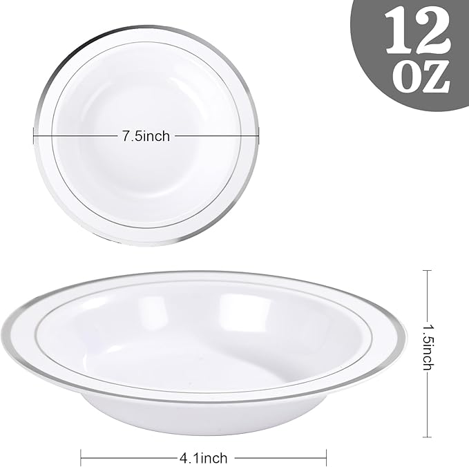 bUCLA 120 Pack Disposable Plastic Bowls 12oz - Elegant White & Silver Trim Party Bowls for Salad, Soup, Dessert - Heavy Duty Disposable for BBQ, Weddings and Christmas