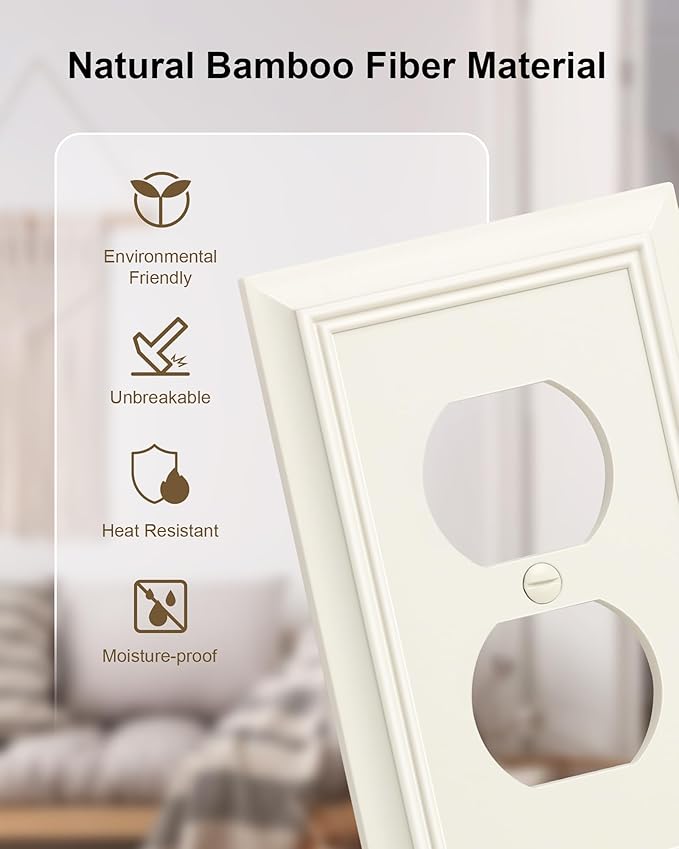 2-Pack Duplex Outlet Cover Plate, Decorative Light Almond Switch Plates and Outlet Covers, Natural Bamboo Fiber Wall Plates for Electrical Outlets, 1 Gang Receptacle Cover, Corrosion Resistant