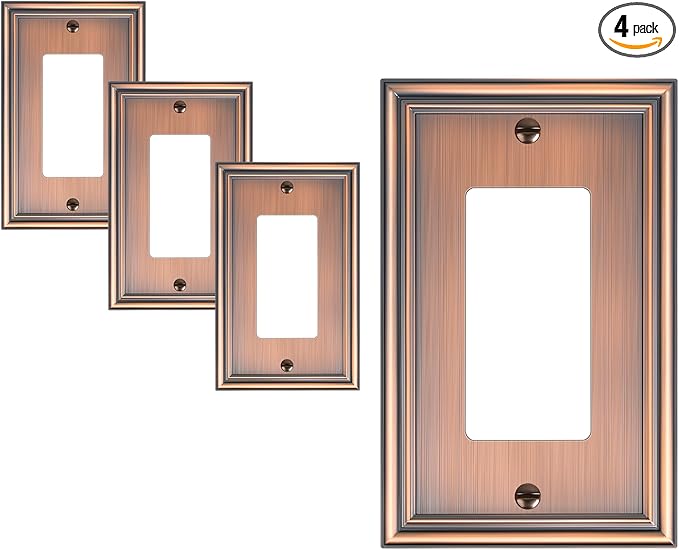 4-Pack Decorator Outlet Cover Plate, Antique Copper Decorative Switch Plates and Outlet Covers, Durable Zinc Alloy Wall Plates for Electrical Outlets, Receptacle, GFCI Outlet, Dimmer Switch