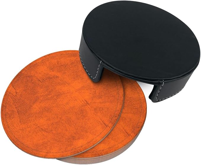 6 Pcs Old Orange Leather Coasters - Image 4