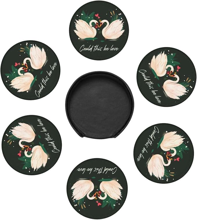 Drink Coasters with Holder Stand Set of 6, Swan Pu Leather Absorbent Coasters - Image 5