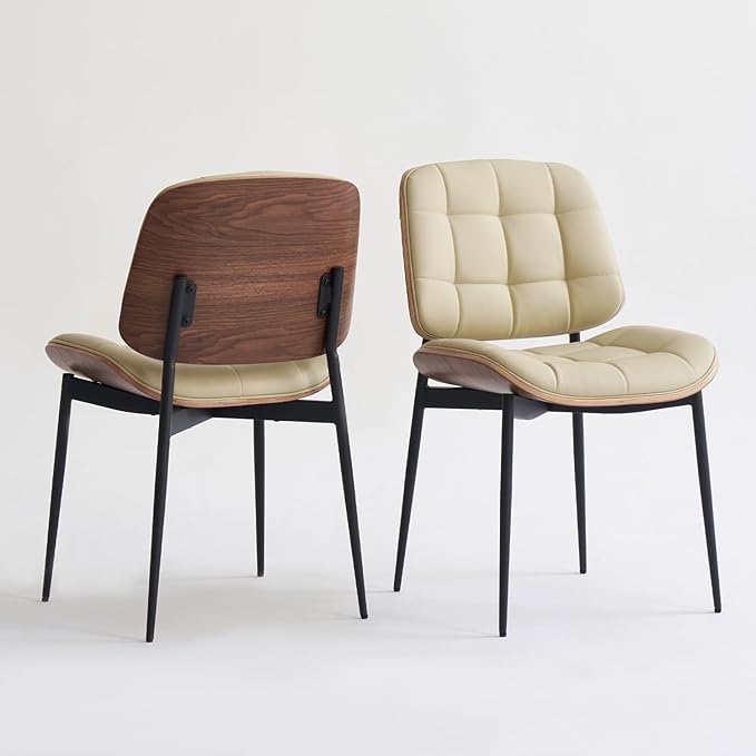 Mid Century Modern Dining Chairs with Walnut Grain Back, Beige Faux Leather Dining Room Chairs Set of 2, Checkered Soft Cushion Kitchen Chairs with Adjustable Foot Pads