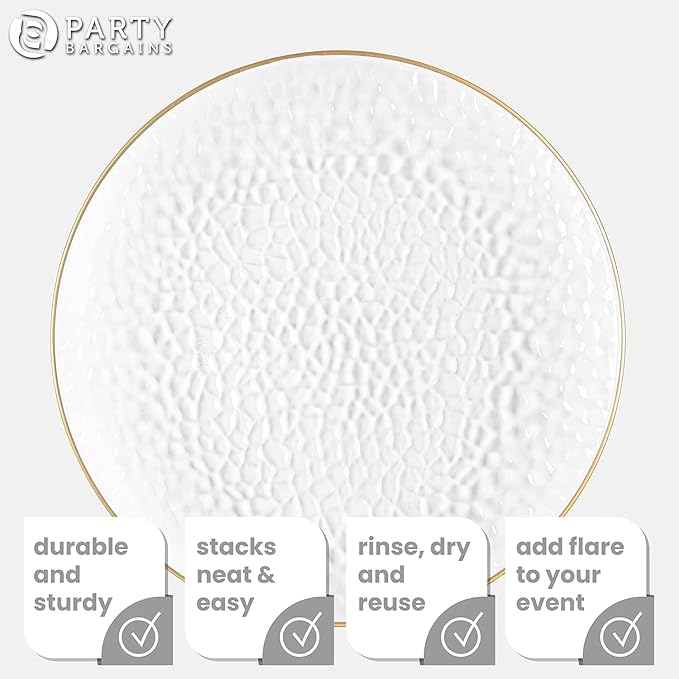 PARTY BARGAINS 13-Inch Charger Plates - 8 Pack, Hammered Clear Gold Rim, Heavy-Duty Disposable Chargers for Elegant Dining - Ideal for Weddings and Formal Events