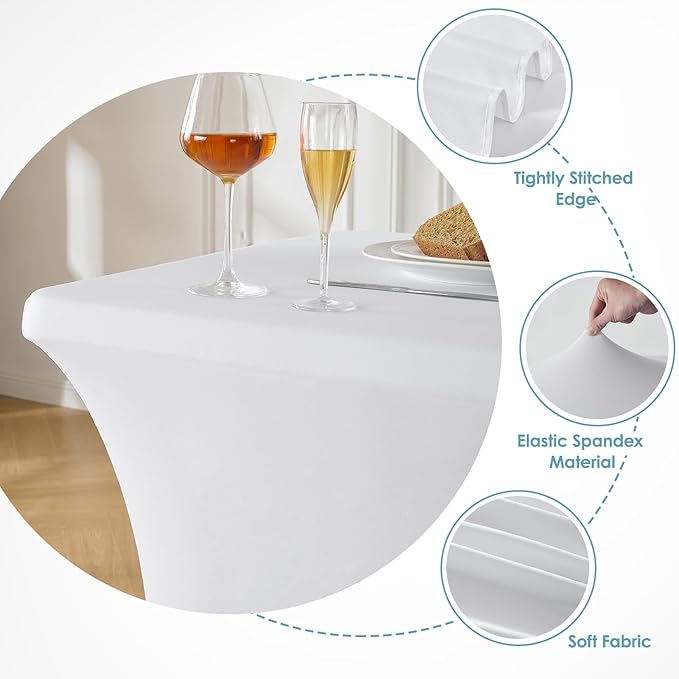 VidaFete Spandex Tablecloth 2 Pack 4FT, Fitted Stretch Table Cover for Rectangle Tables, Wrinkle Resistant and Washable Tablecloths for Outdoor, Picnic, Party, Wedding, Banquet, Birthday, White