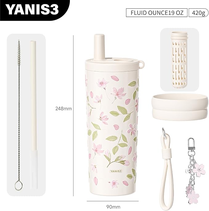 18.5 oz Thermo Cup with Straw, Floral Embossed Designed Car Cup, Vacuum - Image 2