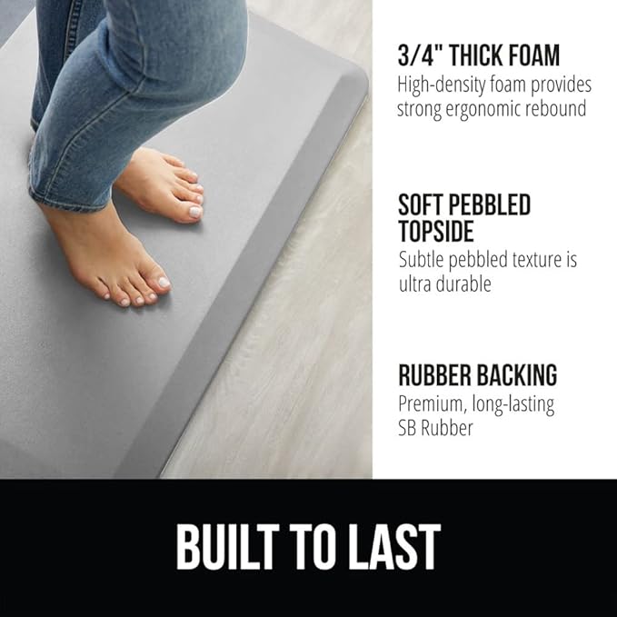 GORILLA GRIP Comfortable Cushioned Kitchen Mats for Floor, 39x20, Waterproof and Stain Resistant Soft Top, 3/4 Inch Thick Ergonomic Standing Desk Anti Fatigue Mat, Foam Supports Feet, Light Gray
