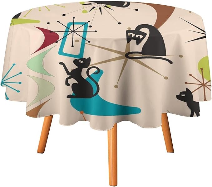 Mid Century Black Cat Round Tablecloth, Bohemian Modern Colorful Abstract Geometric Retro Art Bohemian Tablecloth for Home Party Dining Room Kitchen Decor 70Inch(178cm)