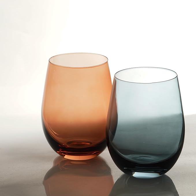 Colored Stemless Wine Glasses for Red or White Wine (Set of 2), 18-Ounces, Large Wine Glasses for Cabernet, Pinot Noir, Burgundy, Bordeaux (Blue&Orange O Wineglass Set of 2)