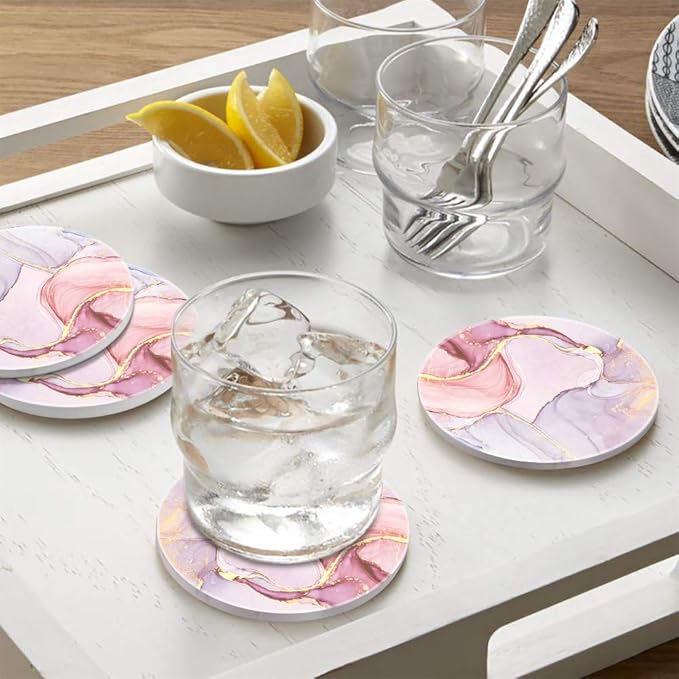Lahome Marble Style Coasters - Round Drinks Absorbent Stone Coaster Set with Ceramic Stone and Cork Base for Kinds of Mugs and Cups (Lavender, 4)