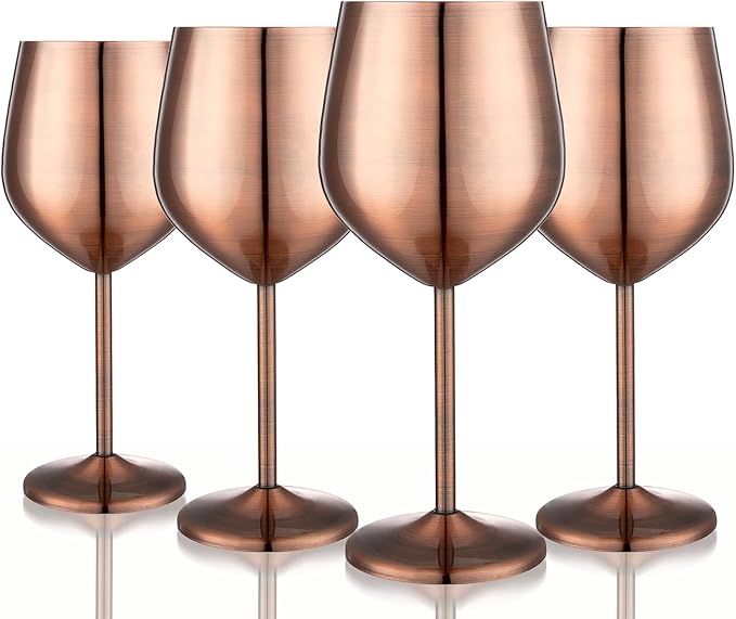Stainless Steel Wine Glasses Set of 4 Unbreakable Wine Glass 18 oz Unique Metal Wine Goblets for Outdoor, Travel, Camping, Pool, Ideal Gift for Wine Lovers (Red Copper)