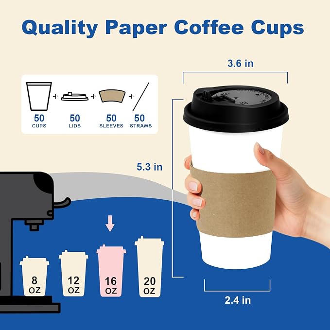16 oz 50 Pack Coffee Cups with Lids and Sleeves, Hot Disposable To Go Travel - Image 3