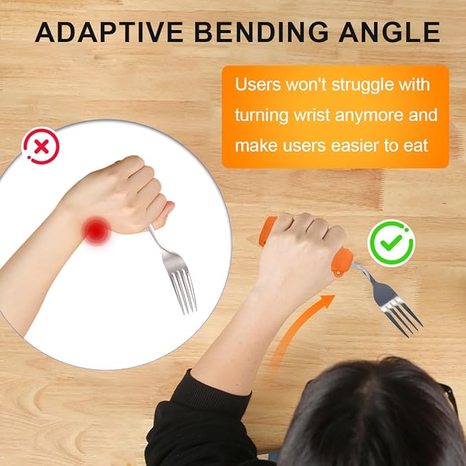 Adaptive Utensils,Curved Angled Spoon and Fork Set,for Tremors Parkinsons Limited or Elderly,Weight Cutlery with Non-Slip Easy Grip Handles