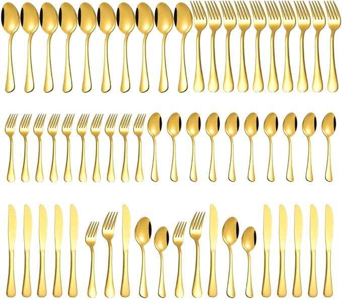 Gold Silverware Set for 12, Compralo 60 Pieces Stainless Steel Shiny Gold Flatware Set, Cutlery Tableware Set Include Spoons, Forks, Knives for Home and Restaurant