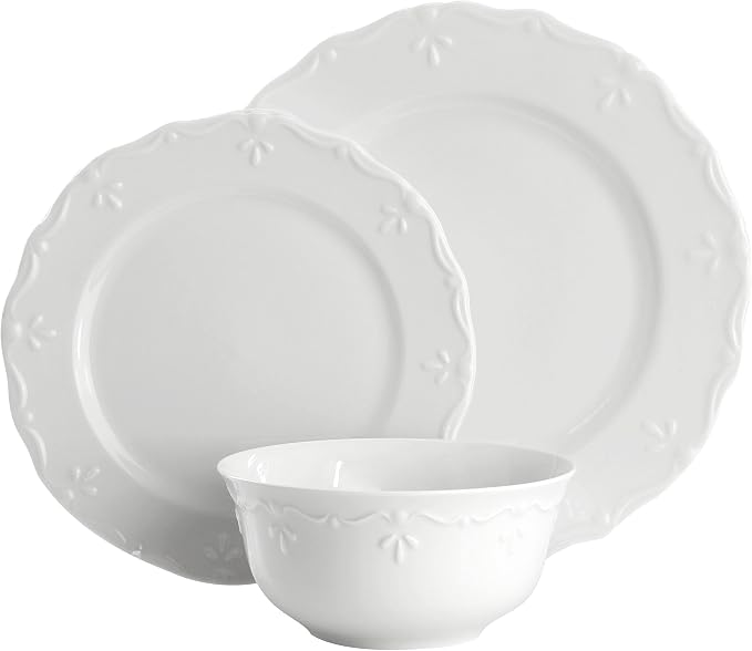 Elama Henryi 18 Piece Embossed Rim Detail Porcelain White Dinnerware Set - Image 2