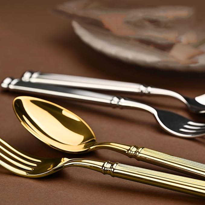 Gold Silverware Set for 8 Flatware Set 32 Pieces Luxury Tableware Set Roman Column Handle Knives and Forks spoons 18/10 Stainless Steel Cutlery Utensil Sets for Home Restaurant Dishwasher Safe