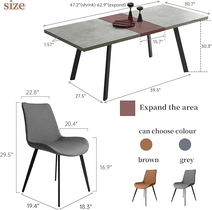 47.2"- 62.9" Extendable Dining Table Set for 6, Modern Kitchen Table with 6 Dining Chairs for 4-6 Person, Thickened Expandable Wooden Table with Steel Legs for Dining Room, Kitchen