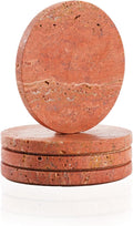 Red Travertine Coasters Set of 4, 10cm Diameter Natural Stone Coasters with Non-Slip Cork Backing, for Coffee Table Kitchen Office Decor