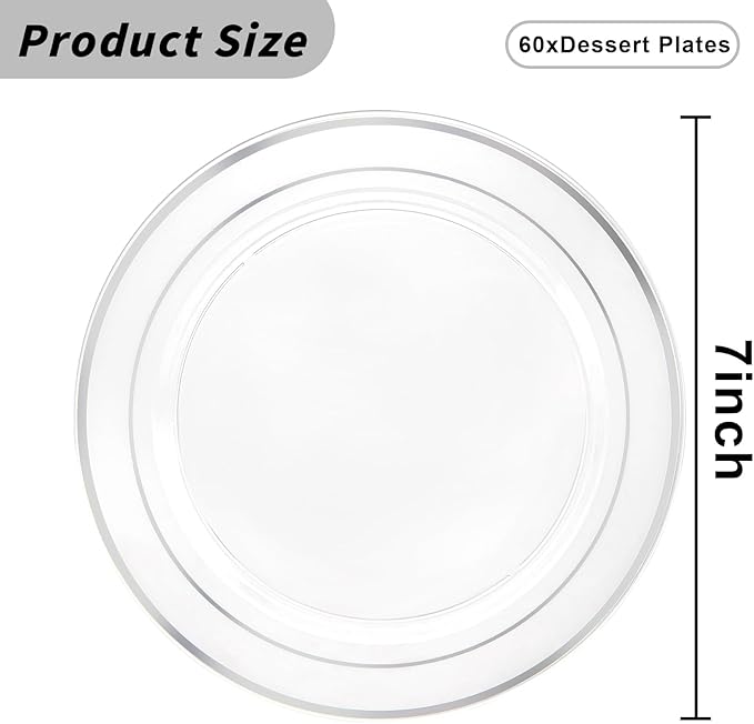 I00000 60PCS Clear and Silver Disposable Plates,Clear Plates with Silver Rim 7 Inch,Heavy Duty Plastic for Wedding Birthdays Party