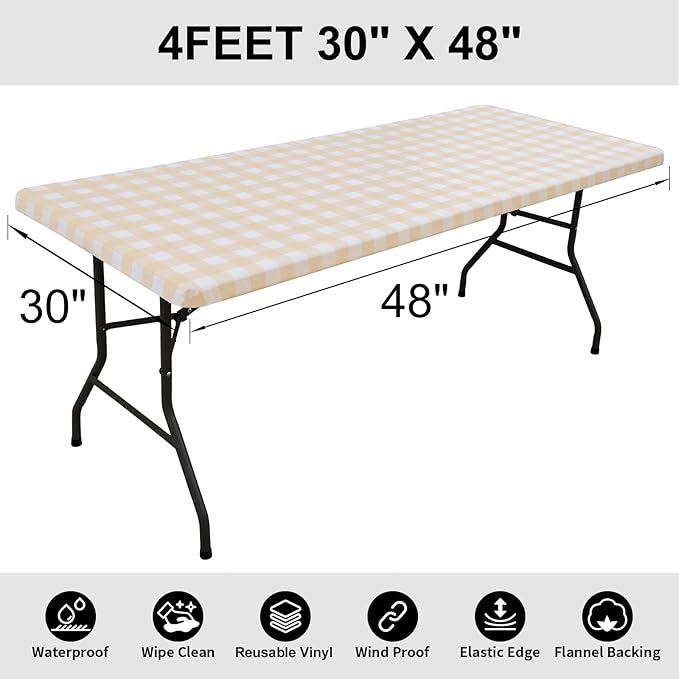 Smiry Rectangle Picnic Table Cloth, Elastic Waterproof Fitted Vinyl Tablecloths, Flannel Backed Buffalo Plaid Table Covers for Dining, Camping, Outdoor (White and Beige, 30" x 48")