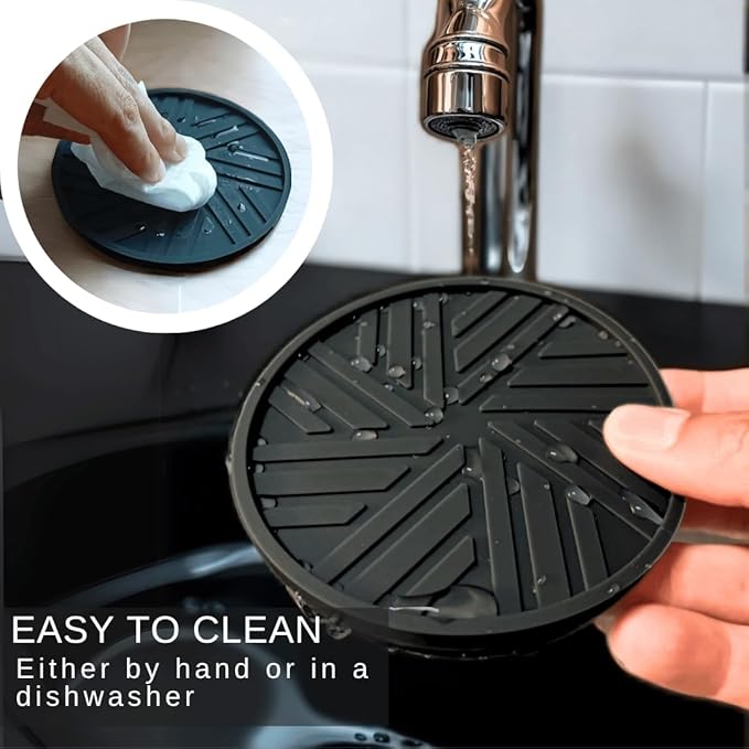 Silicone Coasters with Black Metal Holder, Set of 6, 4-Inch Diameter, Cup Mat for Drink, Stylish Home Decor, Deep Grey