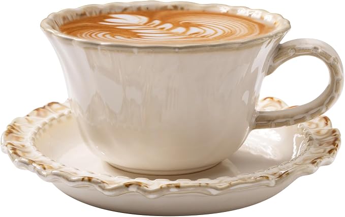 Vintage Porcelain Coffee Cup and Saucer Set, 12 OZ Ceramic Latte Mug by Unknown
