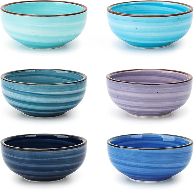 KitchenTour 2.7 Oz Soy Sauce Dishes Dipping Bowls Set, Porcelain Pinch bowls Mini Bowls for Seasoning, Sushi, Ketchup, Appetizer, Nuts, Set of 6, Assorted Cool Colors