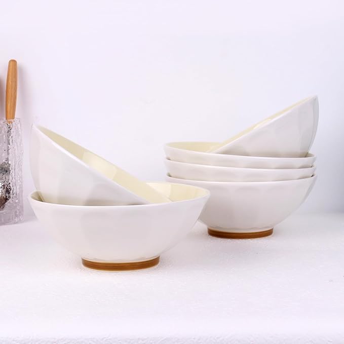 Large Pasta Bowls Set of 6, 29 oz Yellow Porcelain 7 inch, Microwave Oven Dishwasher Safe for Salad Soup