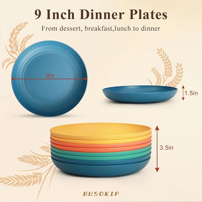 Wheat Straw Plates Set of 8, Reusable Plastic Dinner Plates 9 Inch, Unbreakable - Image 2