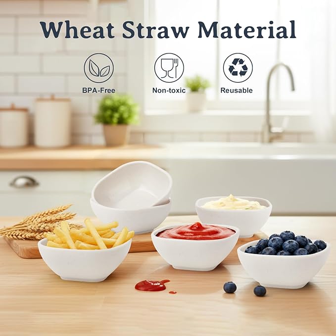 5 OZ Sauce Bowls, Unbreakable Plastic Ramekins, Dishwasher Safe Wheat Straw Bowls Set of 6, Dipping Sauce Cups for Side Dishes, Sushi, Nut, Soy Sauce Dish for Kitchen, Party, Camping- White