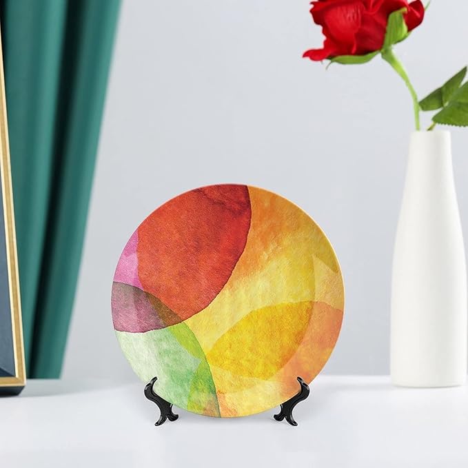Ceramic Display Plate, Abstract Ceramic Hanging Decorative Plate, Watercolor Style in Modern Art Design, 8 Inch, Household Custom Ceramic Plate, Yellow Orange Lime Green