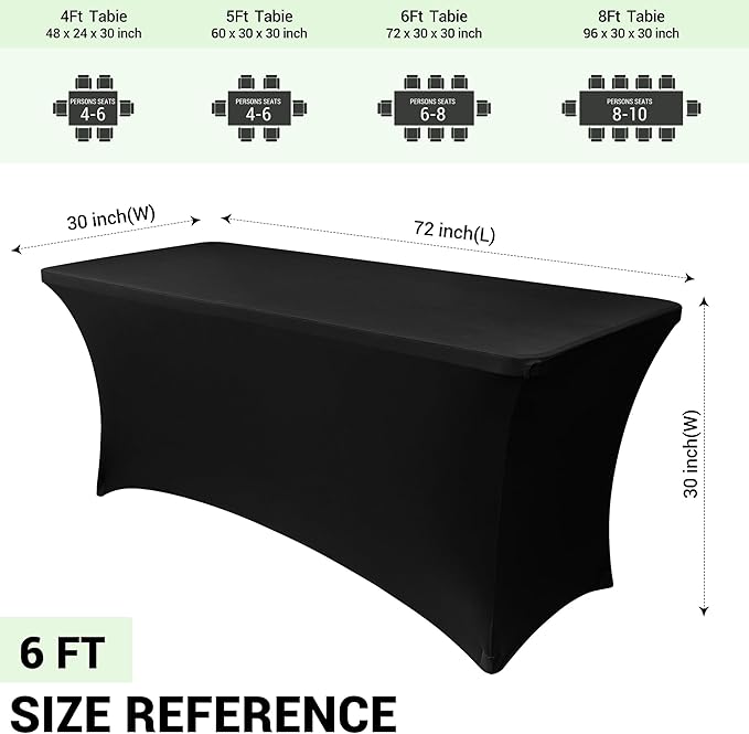 Obstal 10 Pack Stretch Spandex Table Covers for 6 Foot Tables - 6 FT Universal Rectangular Fitted Tablecloth Protector for Wedding, Banquet, Party (Black, 72 Length x 30 Width x 30 Height Inches)