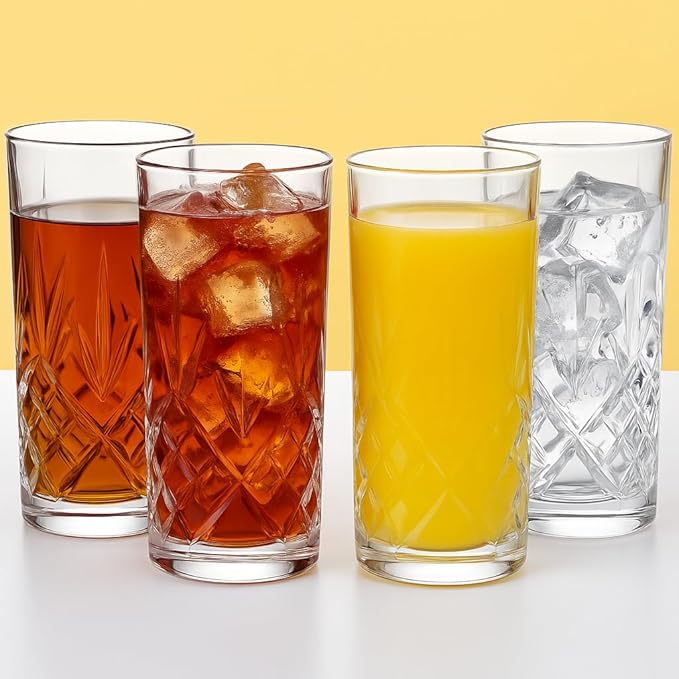 Crystal-Style Highball Glasses, Clear Cut Glass, 12.3 oz Capacity, Diamond Pattern, Cocktail Drinking Tumblers, Set of 4