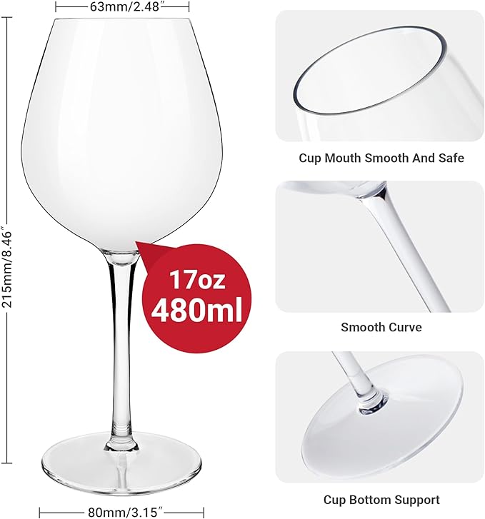 MICHLEY Unbreakable Red Wine Glasses 17 oz, Tritan Plastic Reusable Stemware for Indoor and Outdoor Use, Set of 8