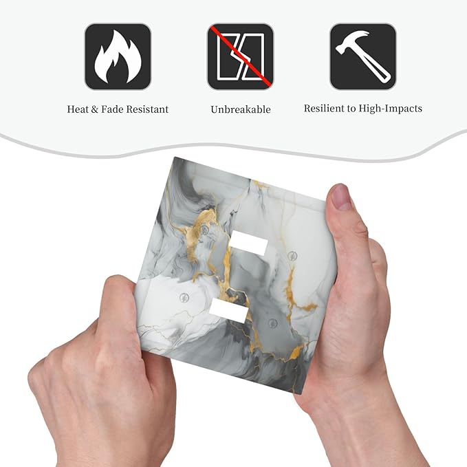 Decorative Light Switch Cover Gray/Gold Marble Abstract Modern Luxury 2 Gang Wall Plate Double Toggle Switch Plate Receptacle Electrical Outlet Cover Switchplate for Bathroom Bedroom（2 Pack）