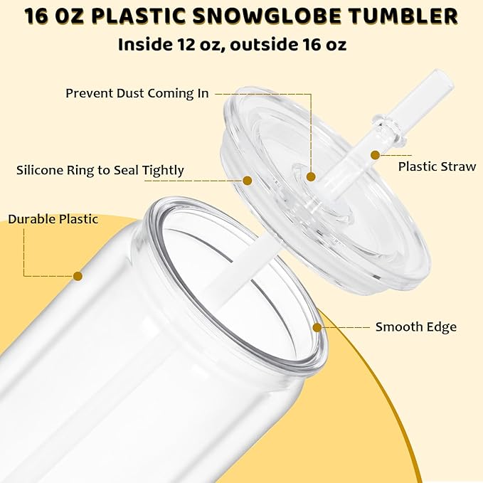 16 Oz Plastic Snowglobe Tumbler, 8 Pack Pre-Drilled Double Wall Plastic Clear - Image 2