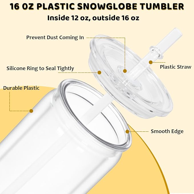 16 Oz Plastic Snowglobe Tumbler, 4 Pack Pre-Drilled Double Wall Plastic Clear - Image 2