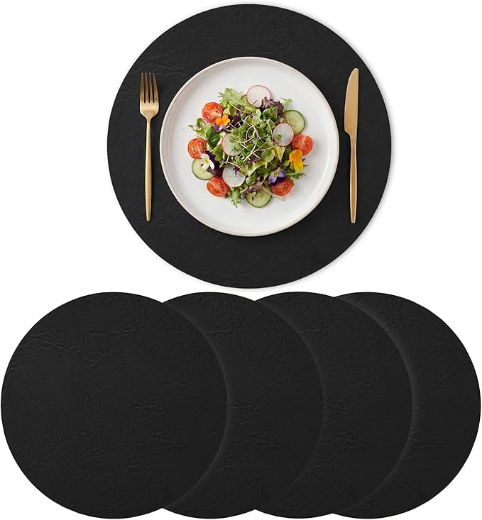 Artoid Mode Black Faux Leather Placemats Set of 4, 15 Inch Waterproof Wipeable Heat Resistant Vinyl Place Mats, Reversible Table Mats for Kitchen Dining Decor