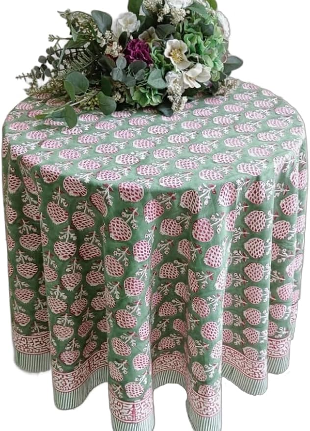 ATOSII Roma Green 100% Cotton Round Tablecloth, Handblock Print Floral Table Cloth for Kitchen Dining Linen I Parties, Weddings, Outdoors, Spring Summer Decor I 60" Inches Round